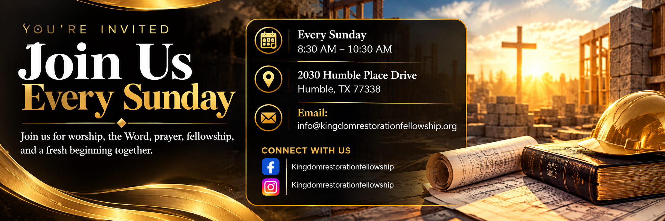 Kingdom Restoration Fellowship Church worship invitation, Sundays 8:30–10:30 AM